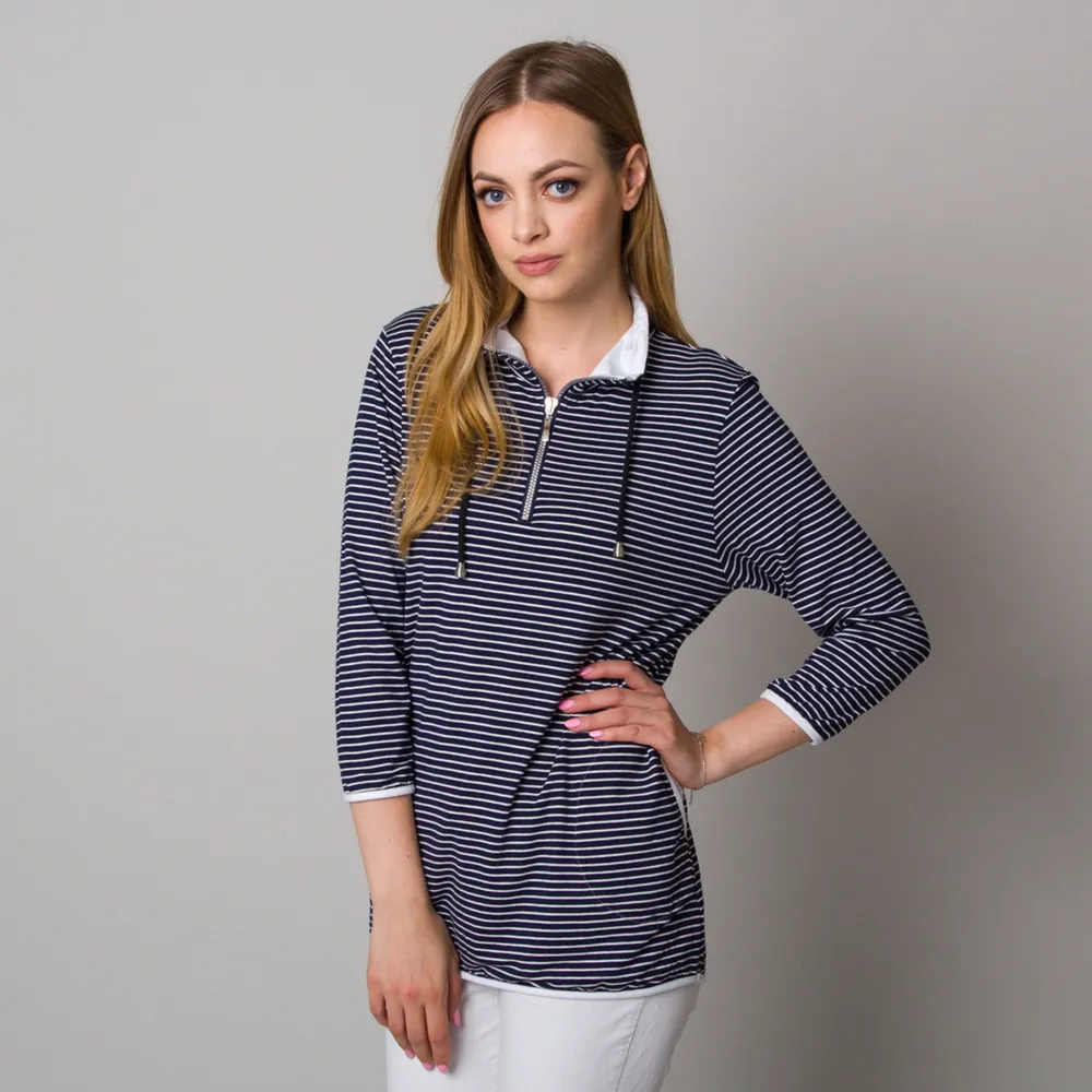 Damen T-Shirt dunkelblau mit weißen Streifen 12977