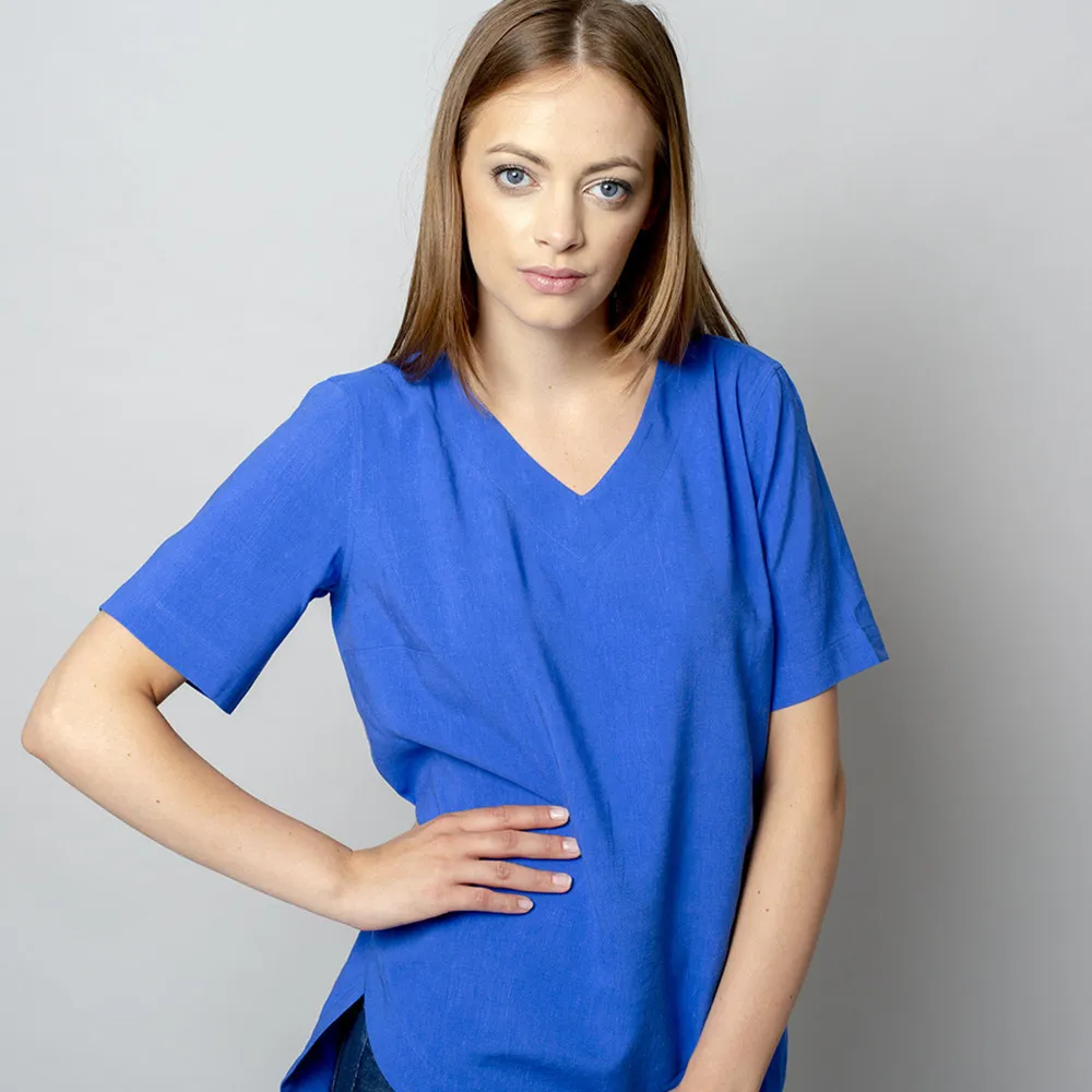 Damen T-Shirt in blau mit Leinenzusatz 10909