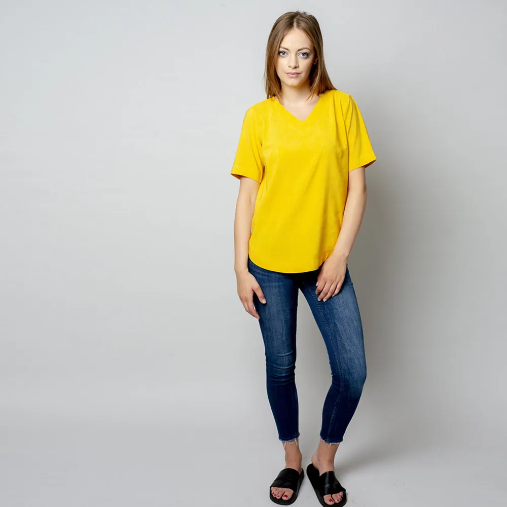 Damen T-Shirt in gelb mit Leinenzusatz 10913