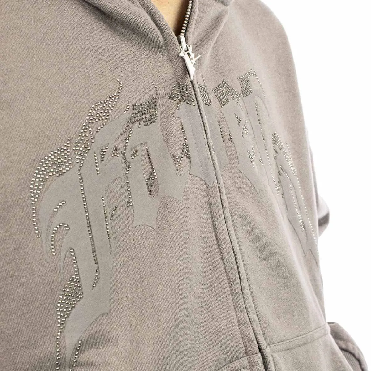 Favela Aves Rhinestone Zip Hoodie FAV-2024-Q3-00138 - hellgrau