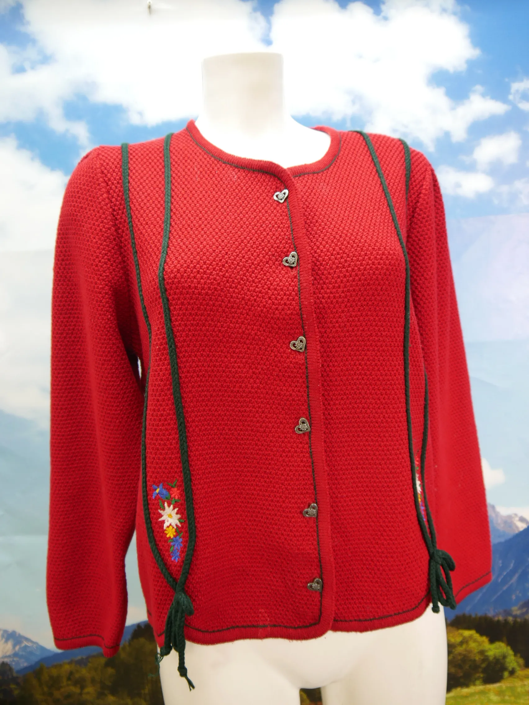 Geißler rote Strickjacke mit Stickerei fesche Vintage Trachtenjacke Jacke Gr.44