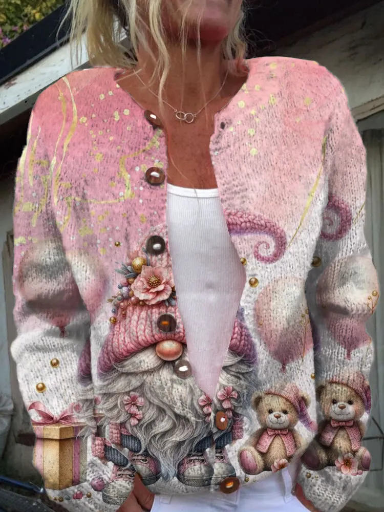 Heidi-Mode | Weihnachtsmode für Damen Kunstdruck V-Ausschnitt mit langen Ärmeln Knopf Strickjacke Pullover