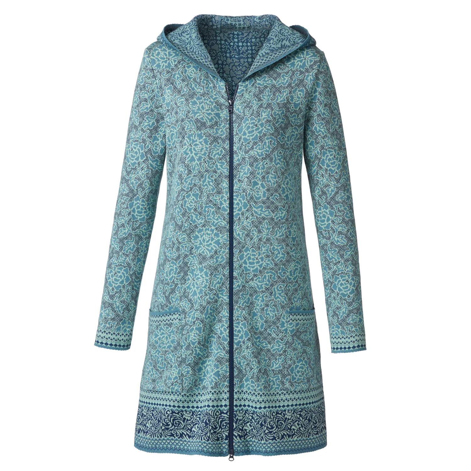 Jacquard-Strickmantel mit Kapuze aus reiner Bio-Baumwolle