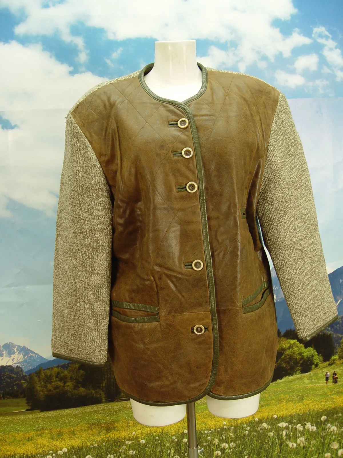 JULIUS LANG gestrickt mit Leder abgesetzt leger Strickjacke Trachten Jacke Gr.40
