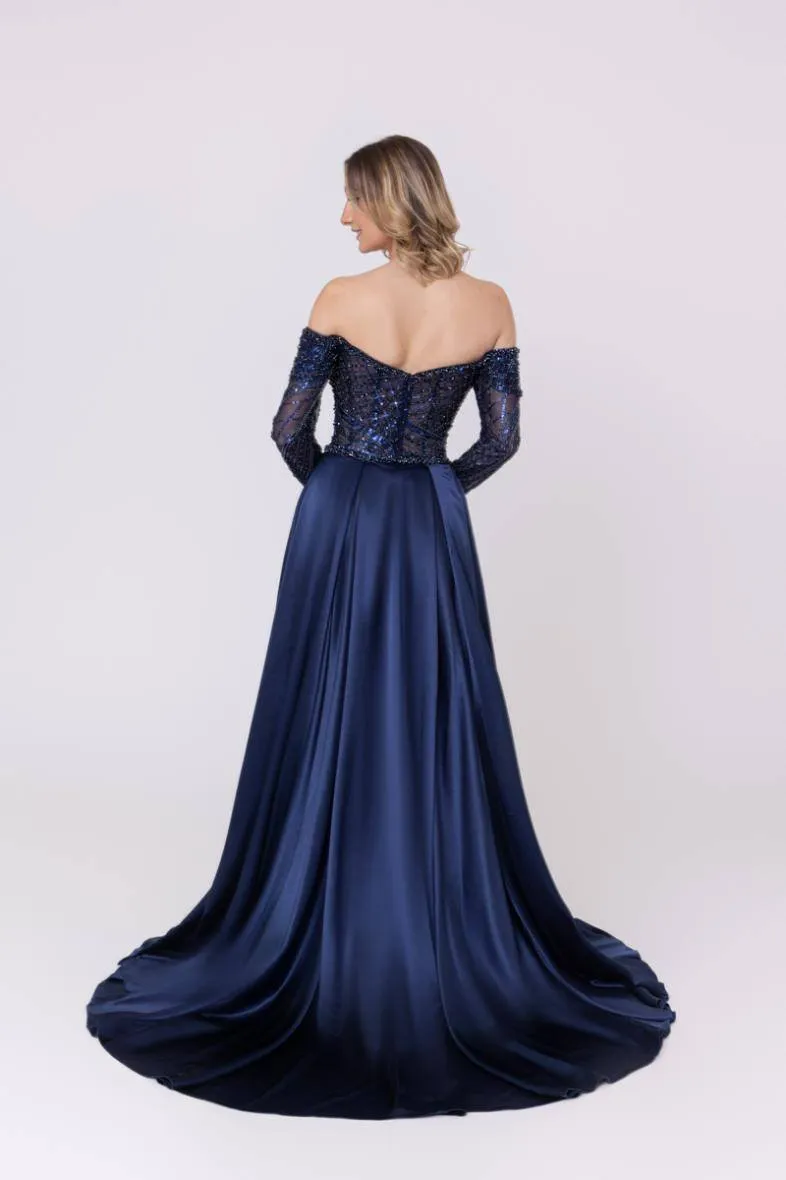 Marineblaues, schulterfreies Langarmkleid