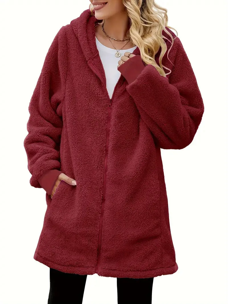 Sherpa Kapuzenjacke, lssig warm Winter Zip Up Kunstpelz Mantel