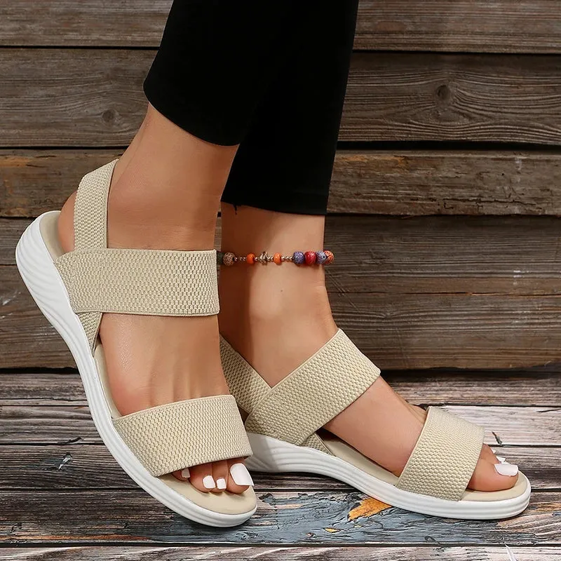 Wedges mit dicker Sohle offene Zehen T-Riemen und elastischem Knöchelriemen Sandalen