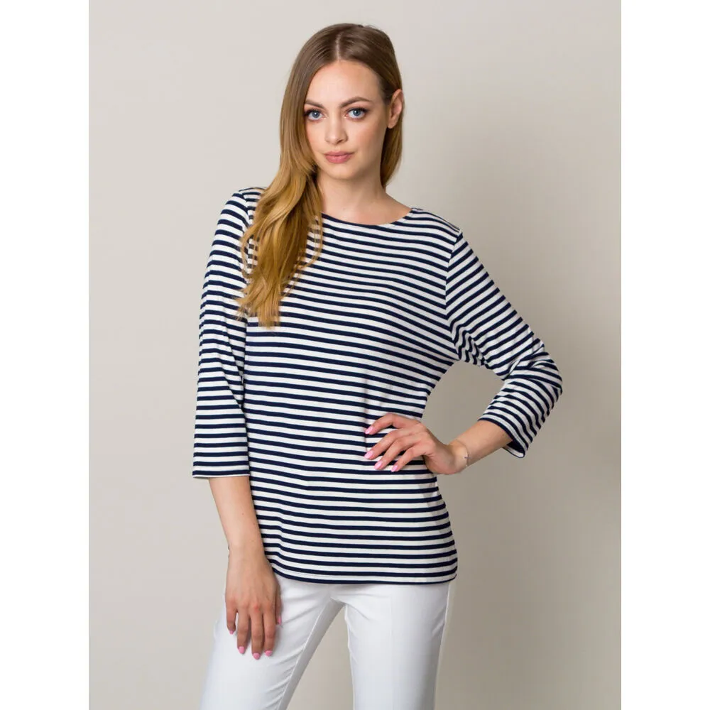 Weißes Damen-T-Shirt mit dunkelblauen Streifen 12959
