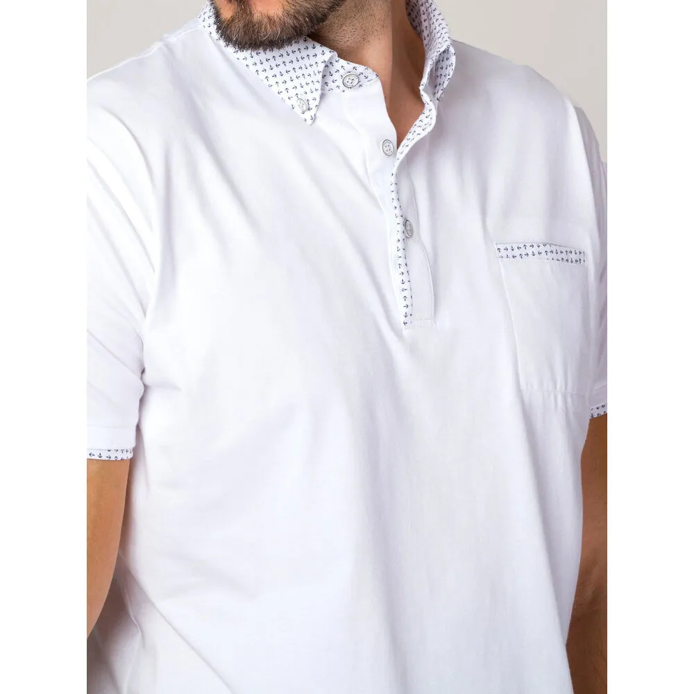 Weißes Herren Polo T-Shirt mit einer farblich abgesetzten Ankermusterung, 14130